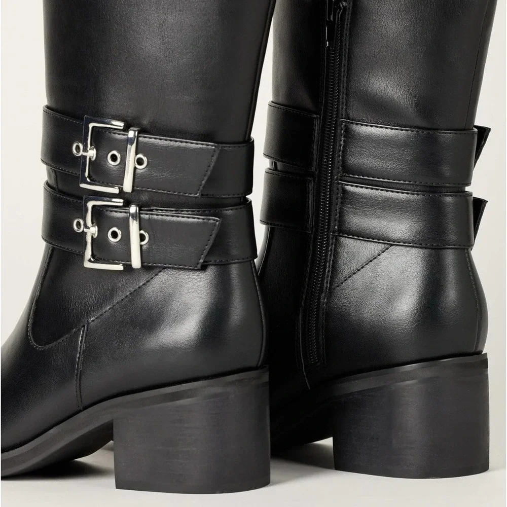 The Drop‎ Women's Biker Boot with Buckles 6.5 Black Faux Leather Side Zip